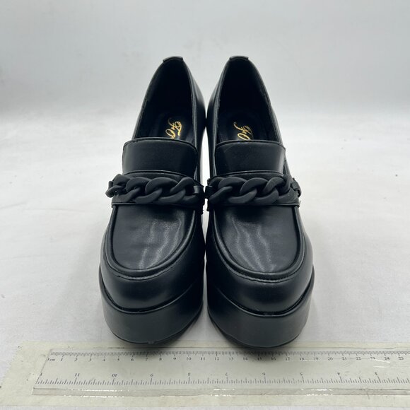 FOWT Black Platform Round Toe Pumps Chain Chunky High Heel Loafers Slip on Shoes - Picture 3 of 8